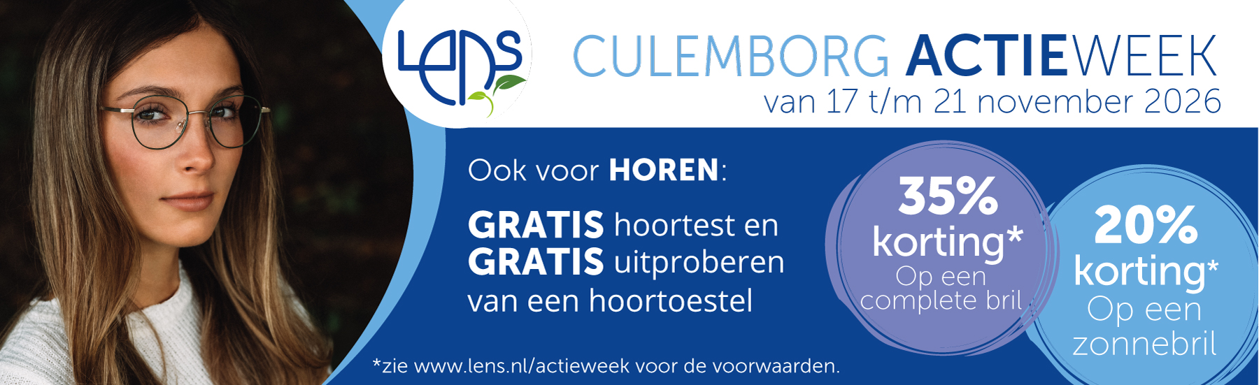 Culemborg actieweek van 17 t/m 21 november 2026: 35% korting op een complete bril, 20% korting op een zonnebril, gratis hoortest